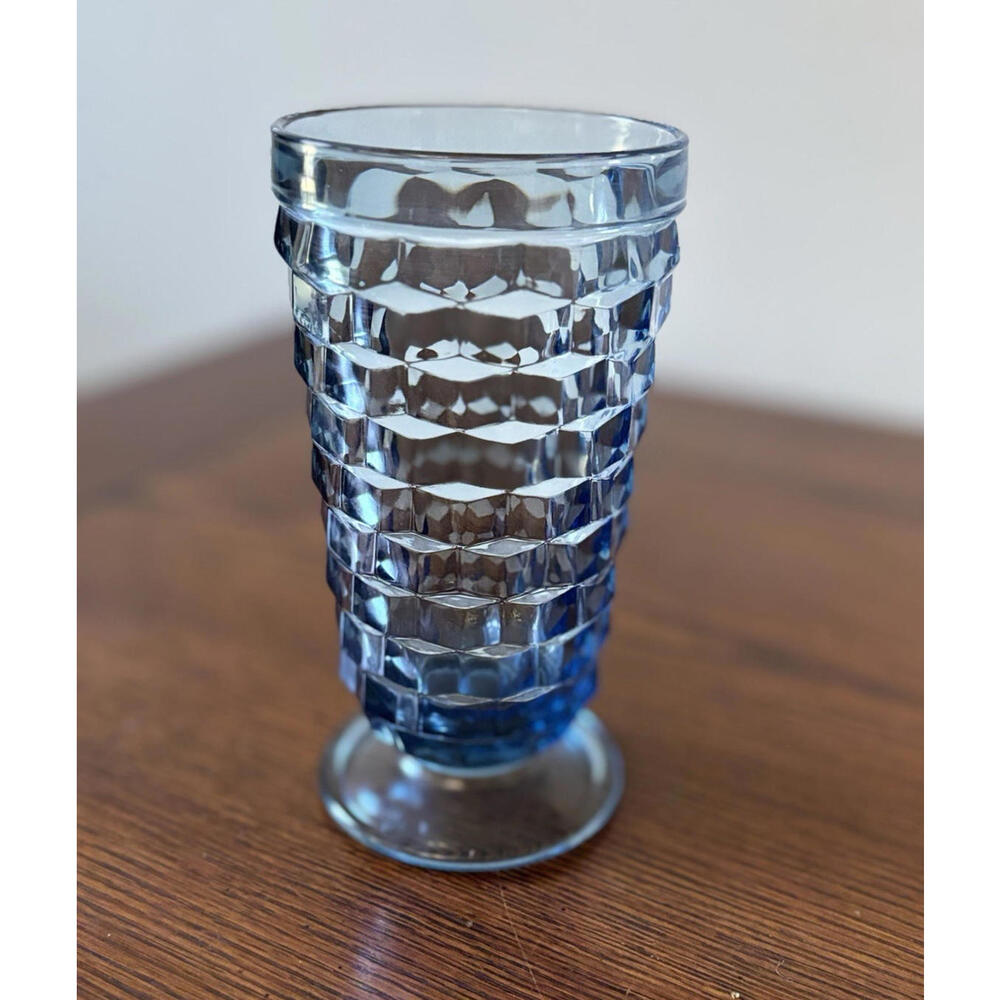 Vintage Indiana Glass Whitehall Blue Iced Tea Footed Tumbler Cube Cubist Colony